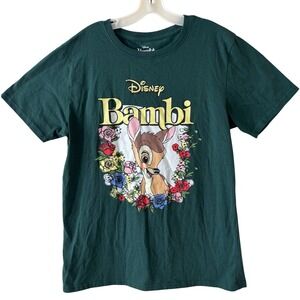 Disney Bambi Graphic T Shirt Womens Size Large Forest Green Floral Cartoon Tee